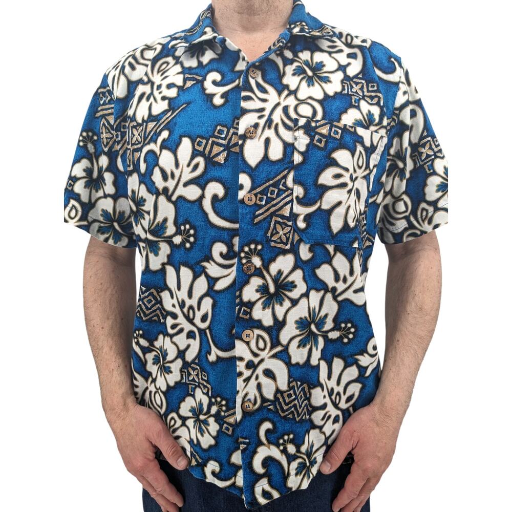 Vintage 1990s Hibiscus HAWAIIAN MEN'S SHIRT Bark Cloth "Triple Crown of Surfing"